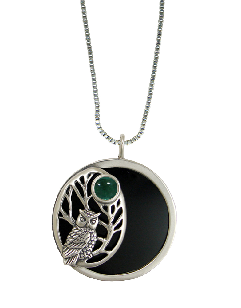 Sterling Silver Black Onyx Disc Wise Owl Pendant Necklace With Fluorite